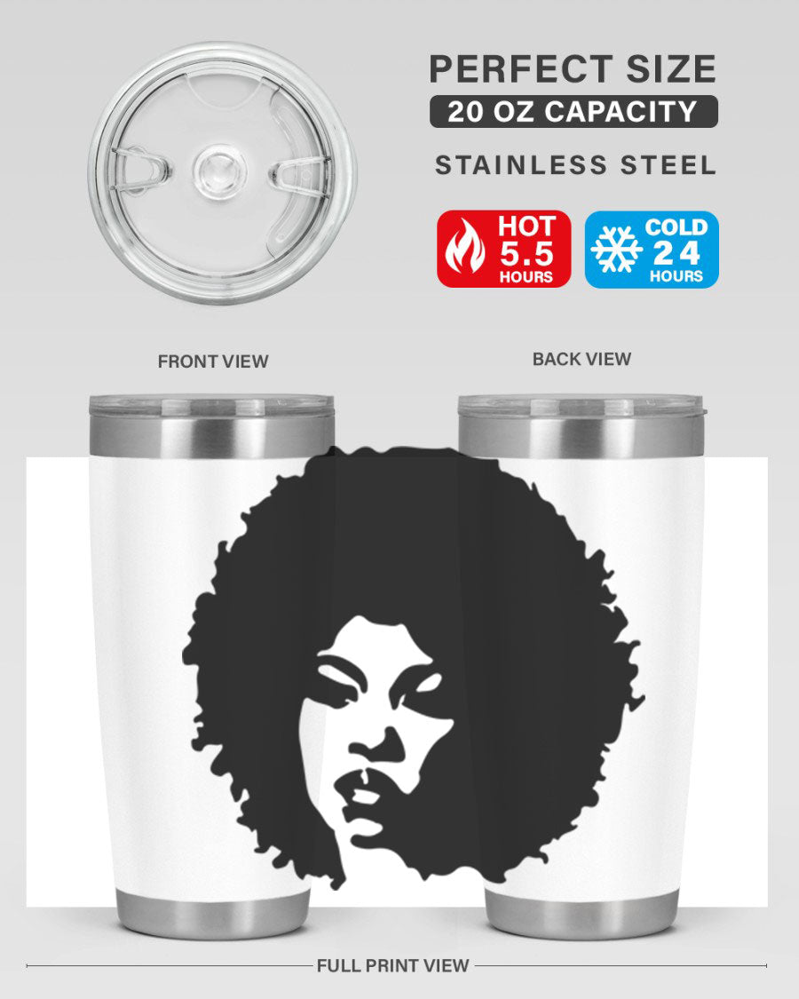 Black women queen tumbler showcasing a stylish design, available in 20oz and 30oz sizes, made of stainless steel with copper lining.