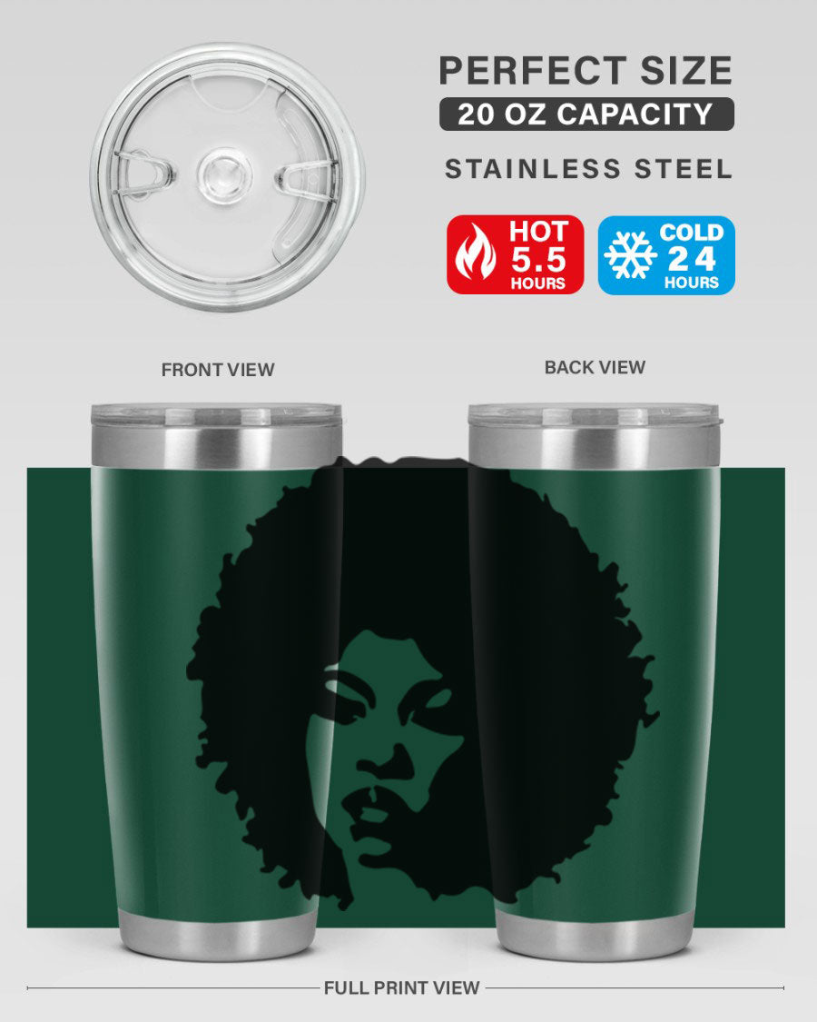 Black women queen tumbler showcasing a stylish design, available in 20oz and 30oz sizes, made of stainless steel with copper lining.