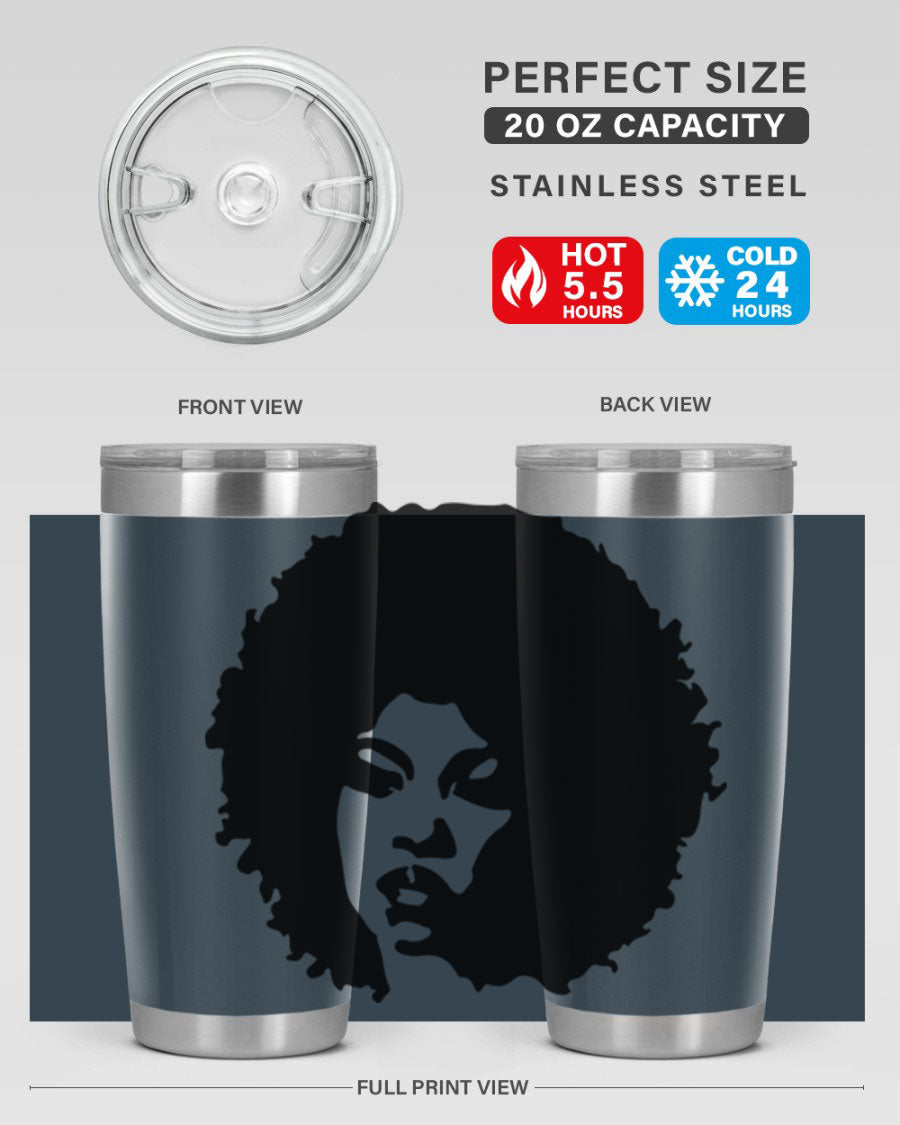 Black women queen tumbler showcasing a stylish design, available in 20oz and 30oz sizes, made of stainless steel with copper lining.