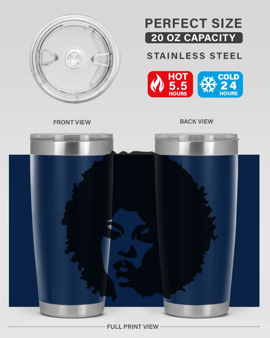 Black women queen tumbler showcasing a stylish design, available in 20oz and 30oz sizes, made of stainless steel with copper lining.