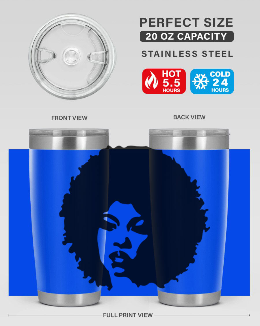 Black women queen tumbler showcasing a stylish design, available in 20oz and 30oz sizes, made of stainless steel with copper lining.