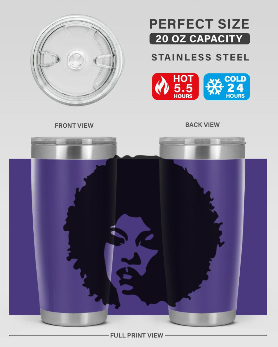 Black women queen tumbler showcasing a stylish design, available in 20oz and 30oz sizes, made of stainless steel with copper lining.