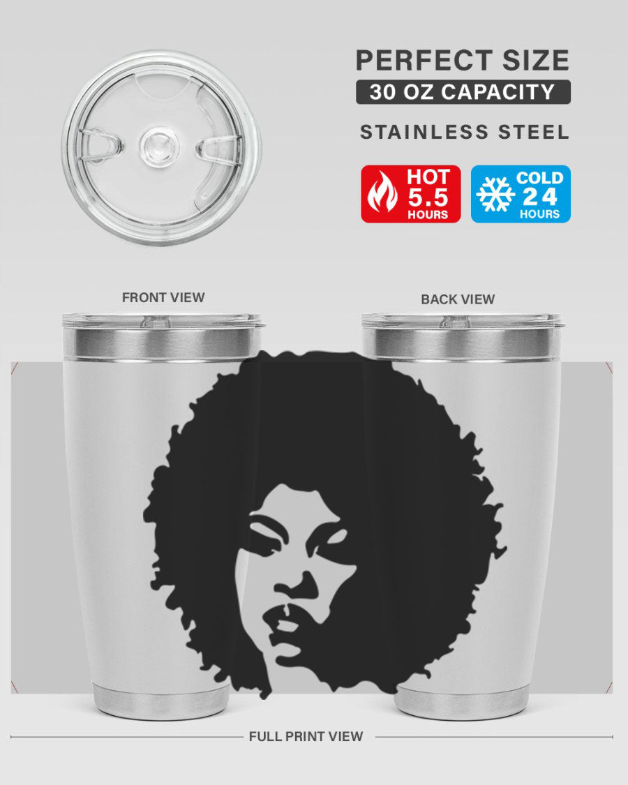 Black women queen tumbler showcasing a stylish design, available in 20oz and 30oz sizes, made of stainless steel with copper lining.