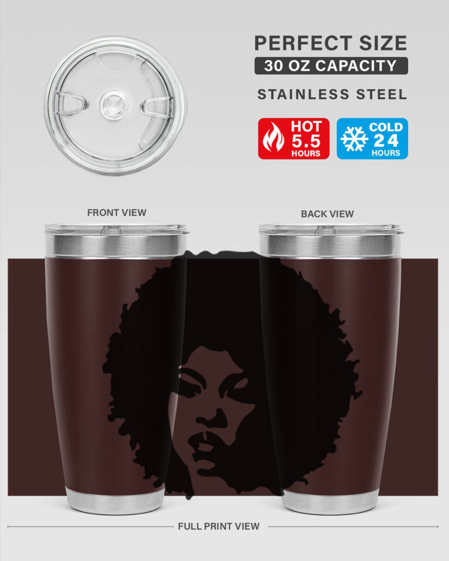 Black women queen tumbler showcasing a stylish design, available in 20oz and 30oz sizes, made of stainless steel with copper lining.