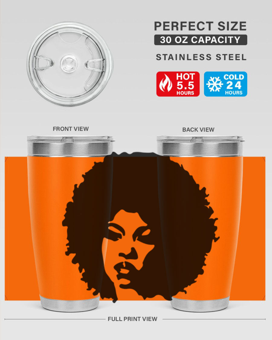 Black women queen tumbler showcasing a stylish design, available in 20oz and 30oz sizes, made of stainless steel with copper lining.