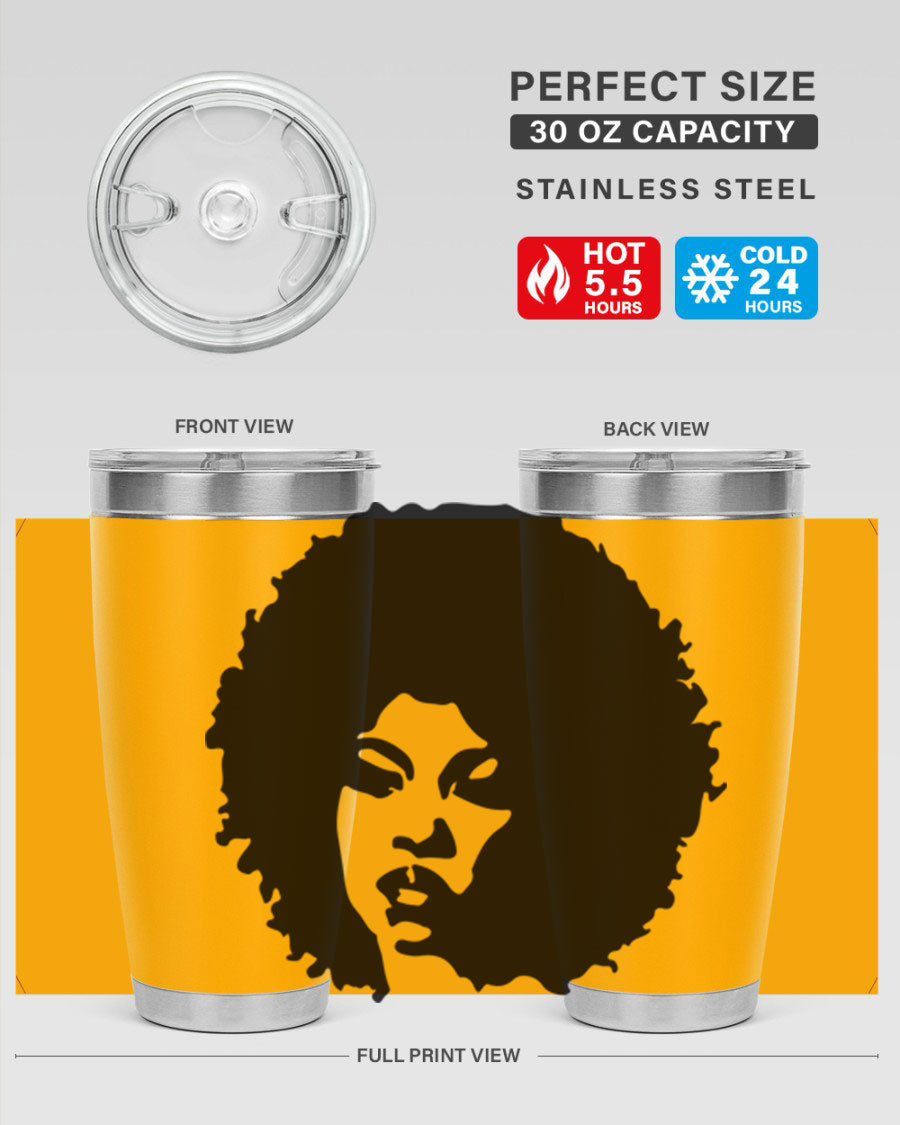 Black women queen tumbler showcasing a stylish design, available in 20oz and 30oz sizes, made of stainless steel with copper lining.