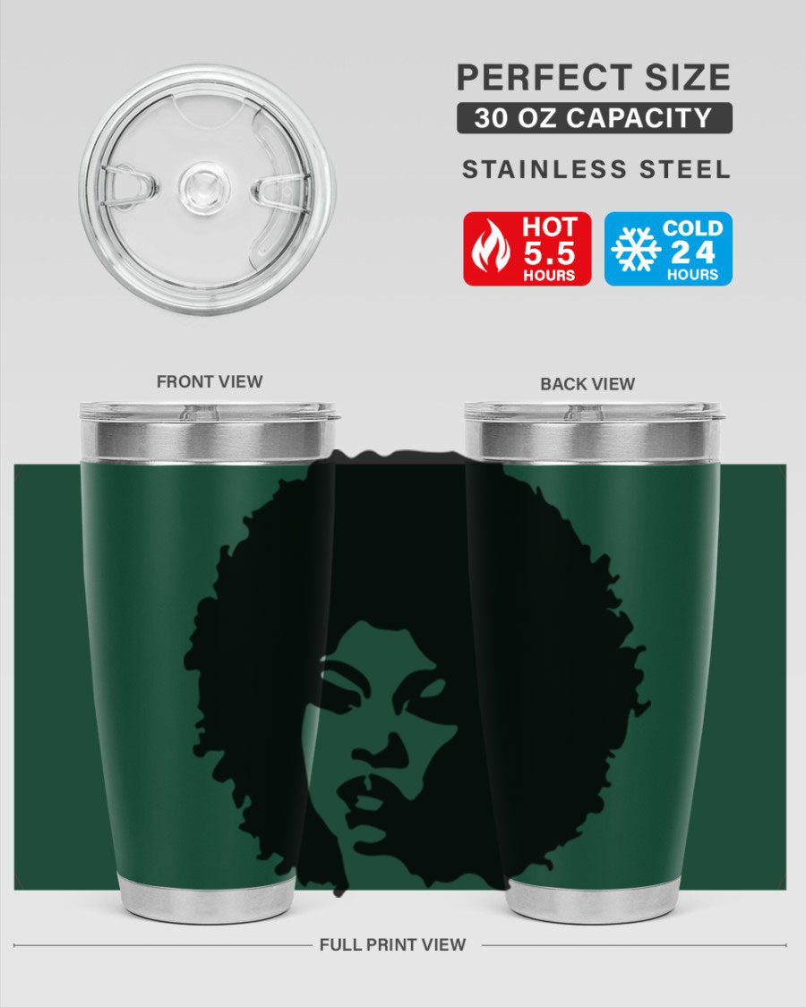 Black women queen tumbler showcasing a stylish design, available in 20oz and 30oz sizes, made of stainless steel with copper lining.