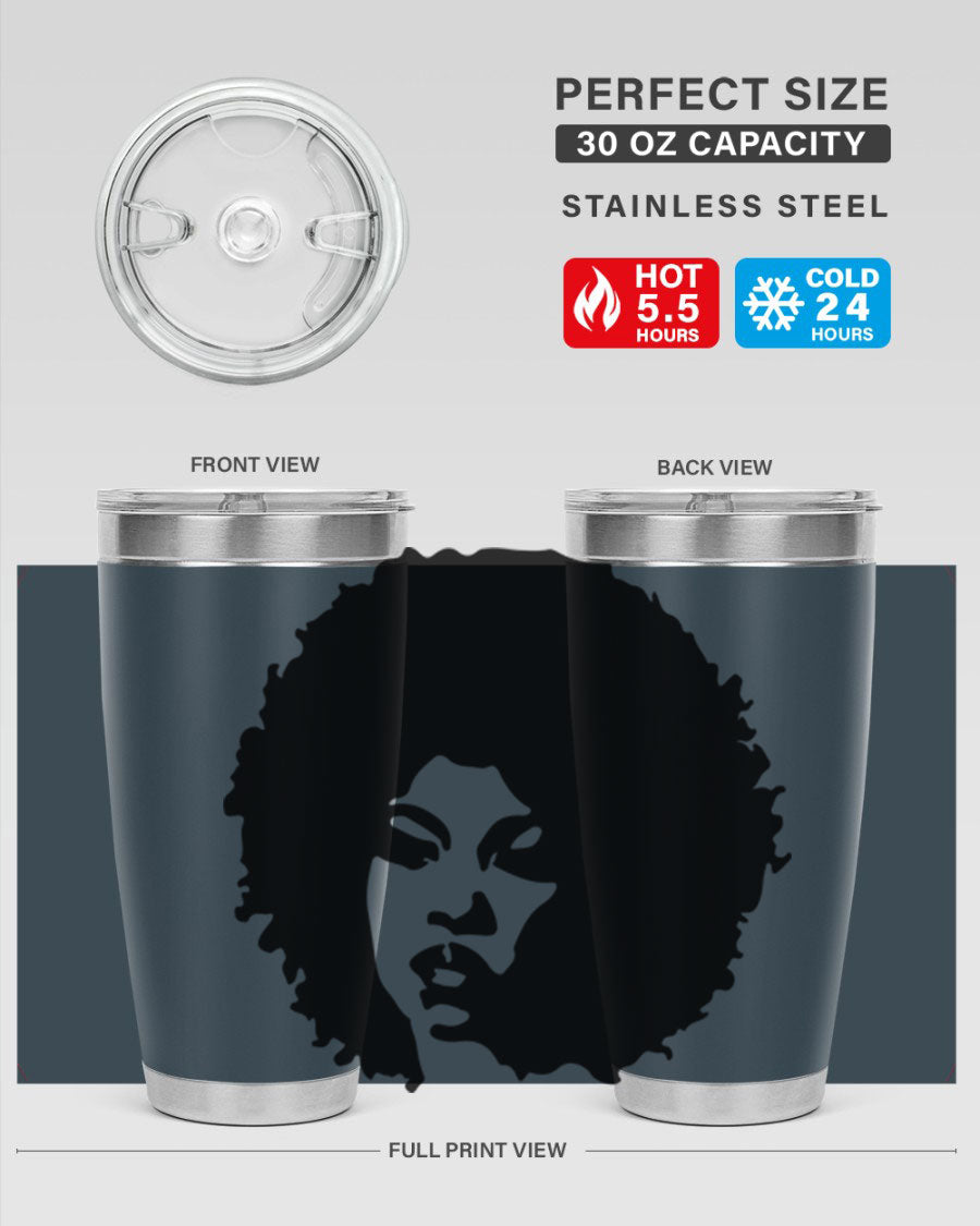 Black women queen tumbler showcasing a stylish design, available in 20oz and 30oz sizes, made of stainless steel with copper lining.