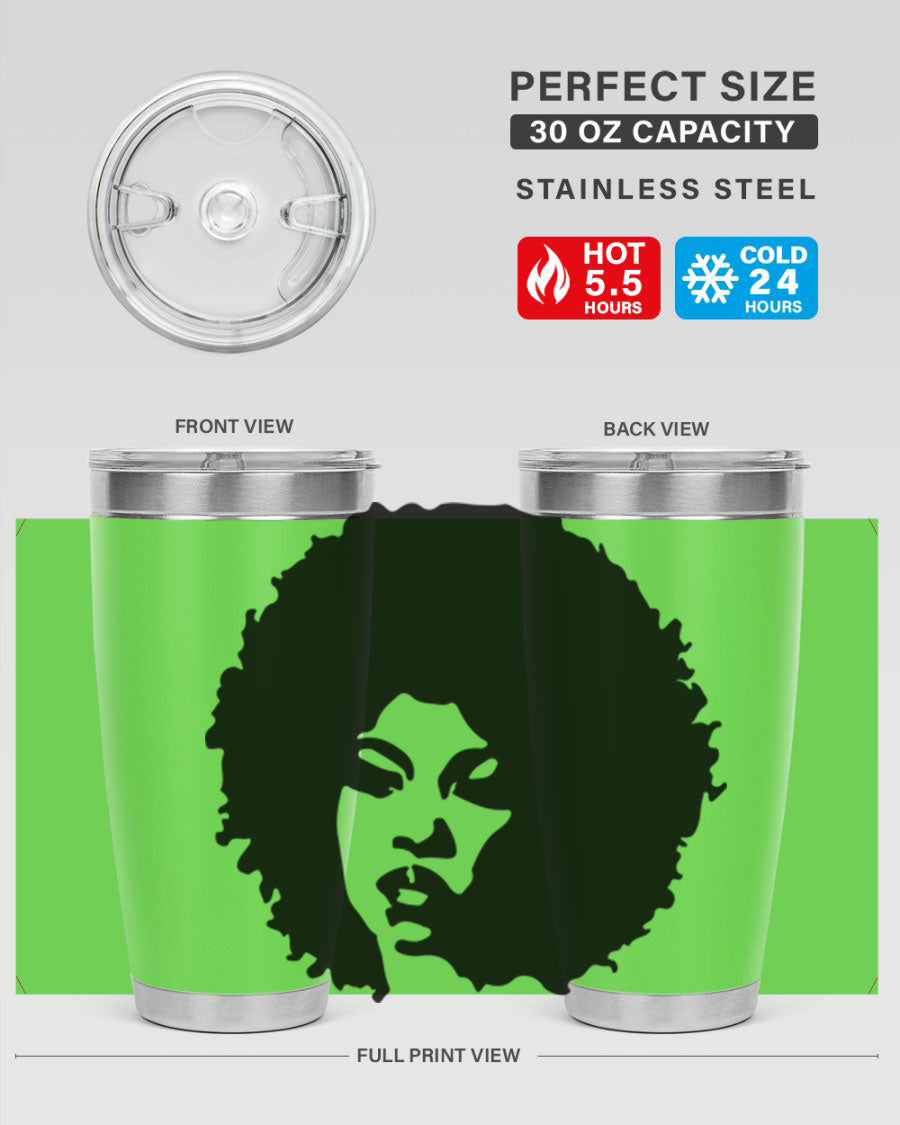 Black women queen tumbler showcasing a stylish design, available in 20oz and 30oz sizes, made of stainless steel with copper lining.