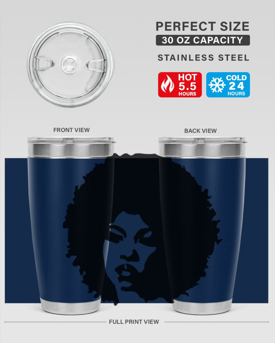Black women queen tumbler showcasing a stylish design, available in 20oz and 30oz sizes, made of stainless steel with copper lining.