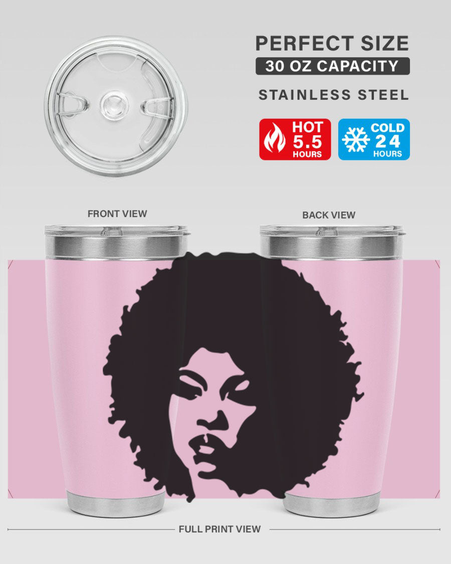 Black women queen tumbler showcasing a stylish design, available in 20oz and 30oz sizes, made of stainless steel with copper lining.