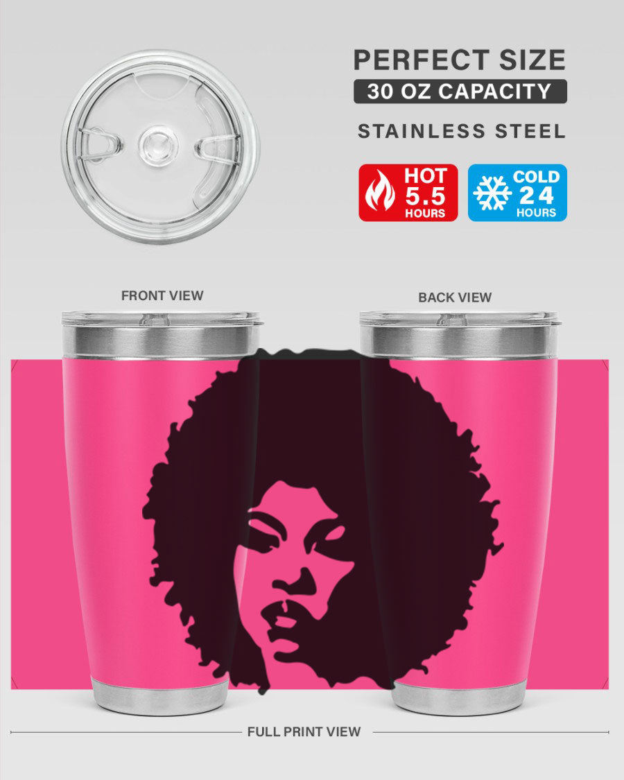 Black women queen tumbler showcasing a stylish design, available in 20oz and 30oz sizes, made of stainless steel with copper lining.