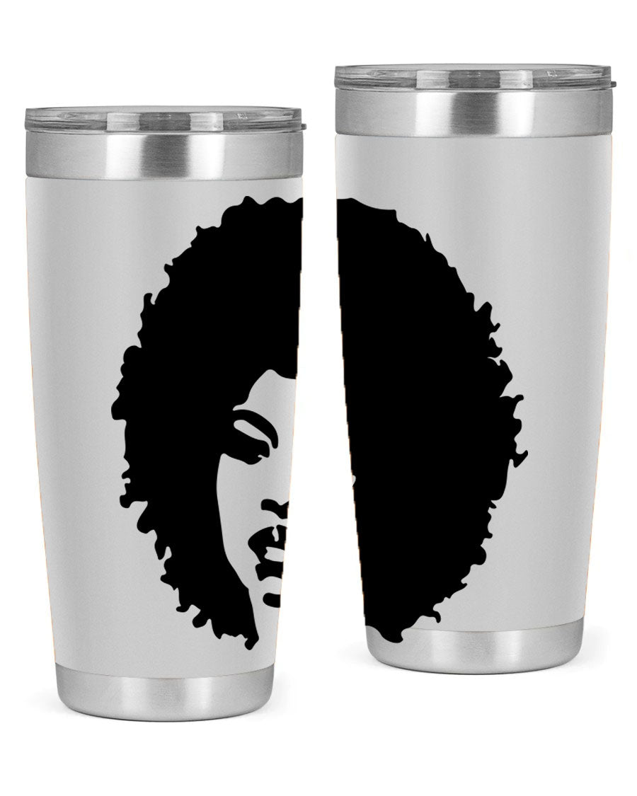 Black women queen tumbler showcasing a stylish design, available in 20oz and 30oz sizes, made of stainless steel with copper lining.