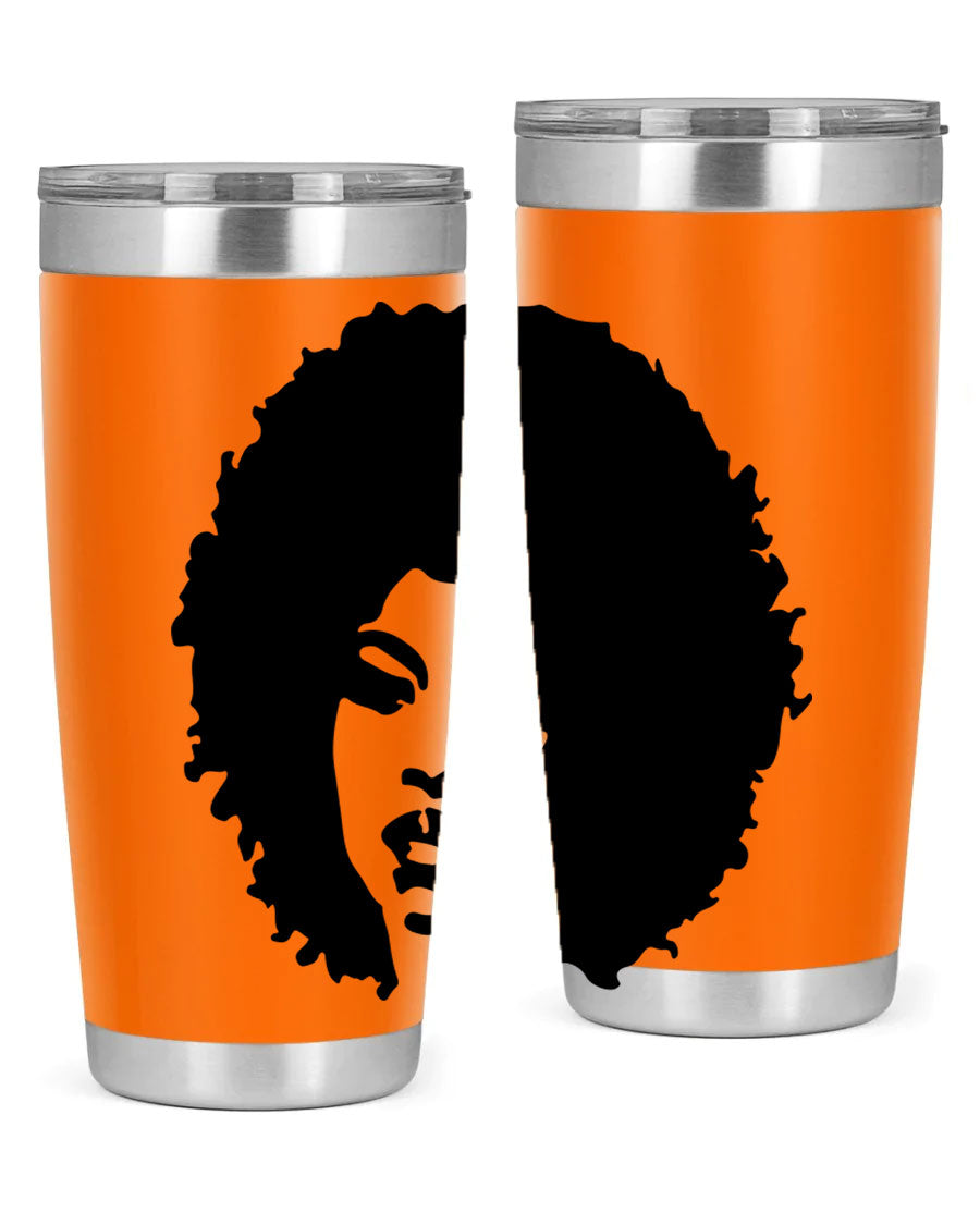 Black women queen tumbler showcasing a stylish design, available in 20oz and 30oz sizes, made of stainless steel with copper lining.