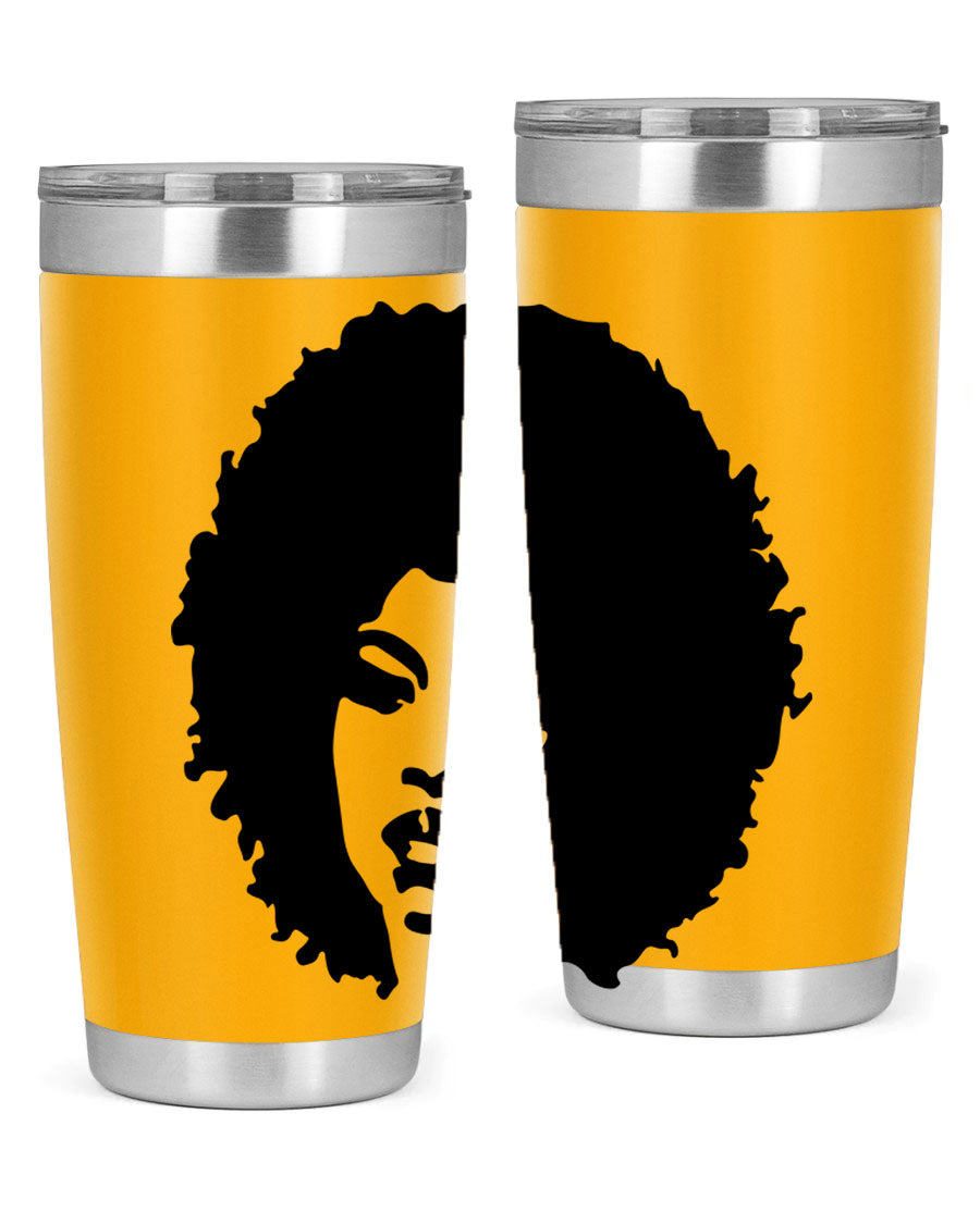 Black women queen tumbler showcasing a stylish design, available in 20oz and 30oz sizes, made of stainless steel with copper lining.