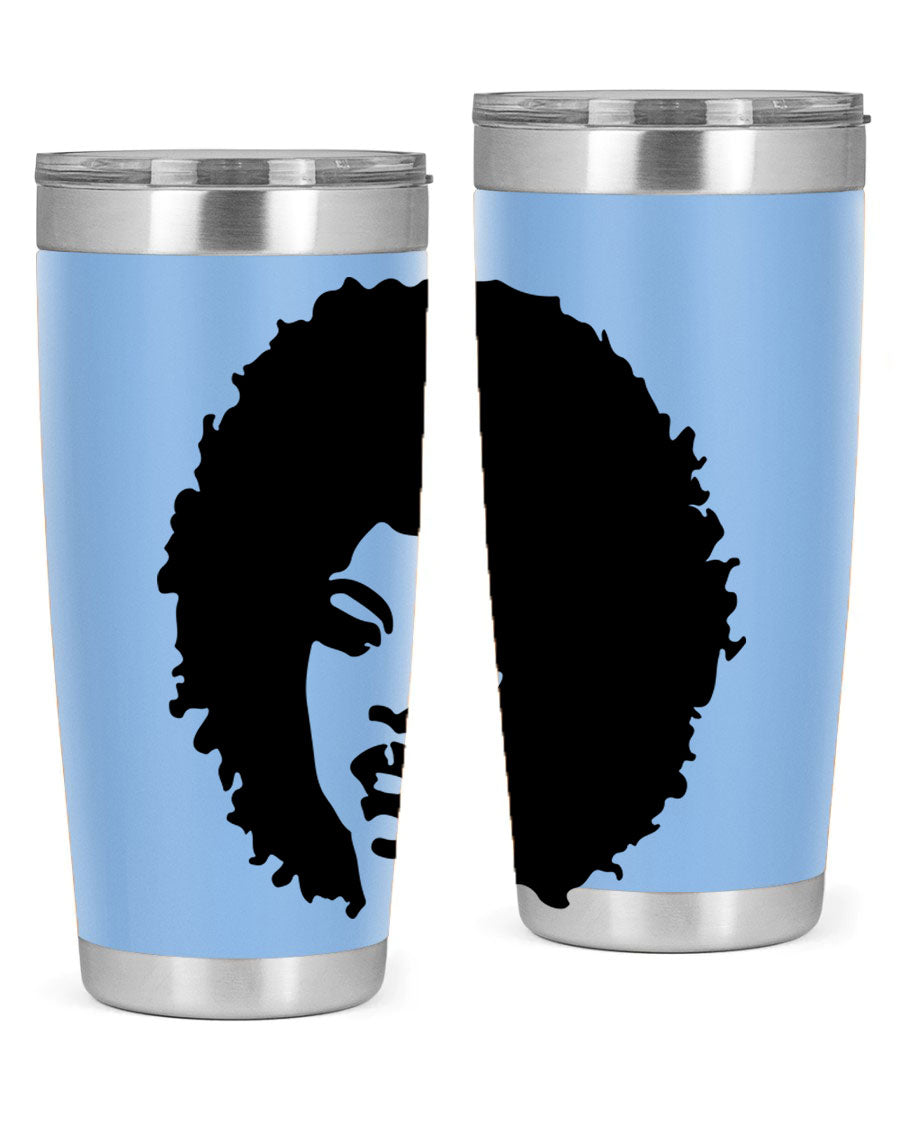 Black women queen tumbler showcasing a stylish design, available in 20oz and 30oz sizes, made of stainless steel with copper lining.