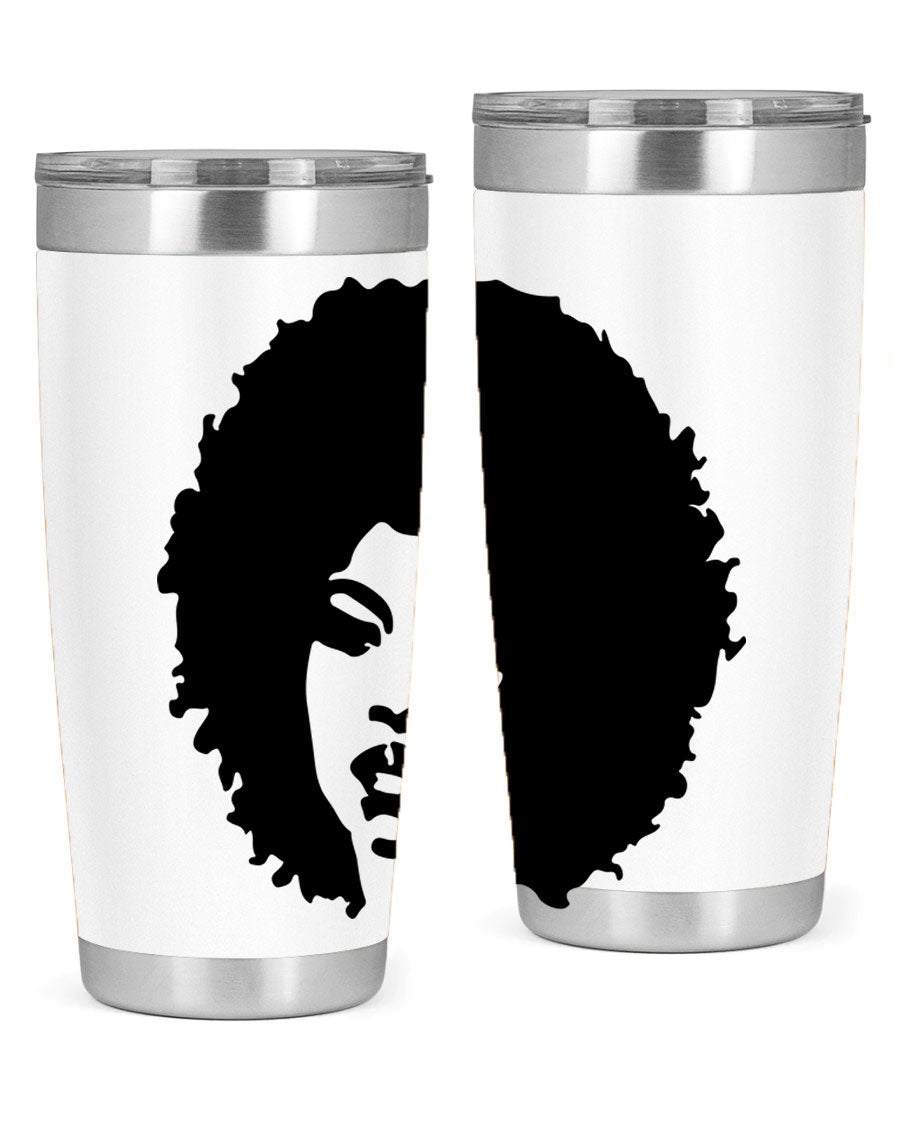 Black women queen tumbler showcasing a stylish design, available in 20oz and 30oz sizes, made of stainless steel with copper lining.