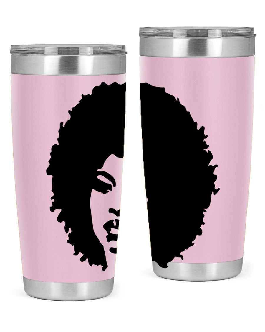 Black women queen tumbler showcasing a stylish design, available in 20oz and 30oz sizes, made of stainless steel with copper lining.