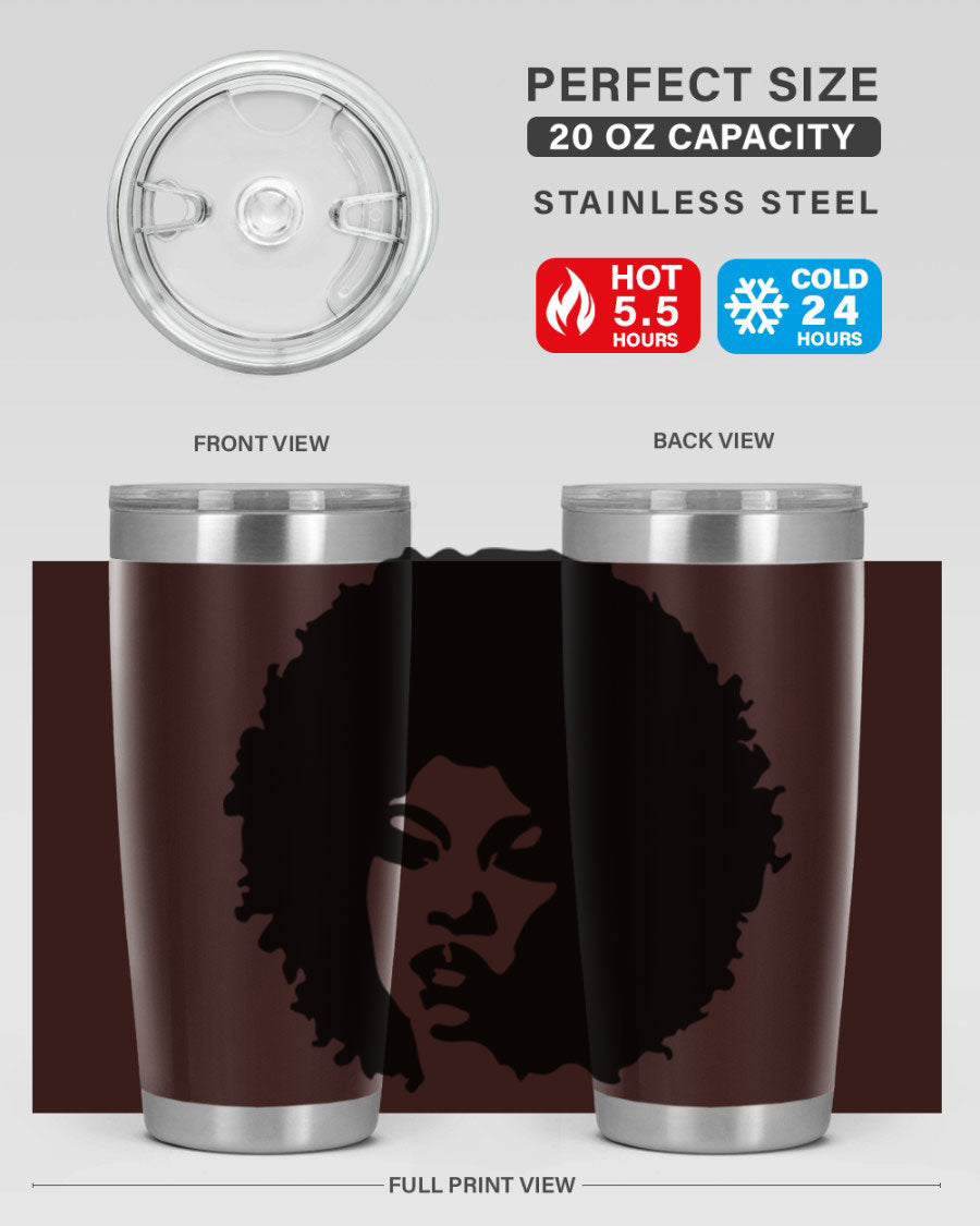 Black women queen tumbler showcasing a stylish design, available in 20oz and 30oz sizes, made of stainless steel with copper lining.