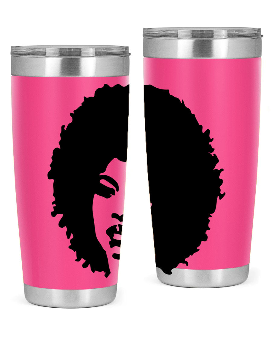 Black women queen tumbler showcasing a stylish design, available in 20oz and 30oz sizes, made of stainless steel with copper lining.
