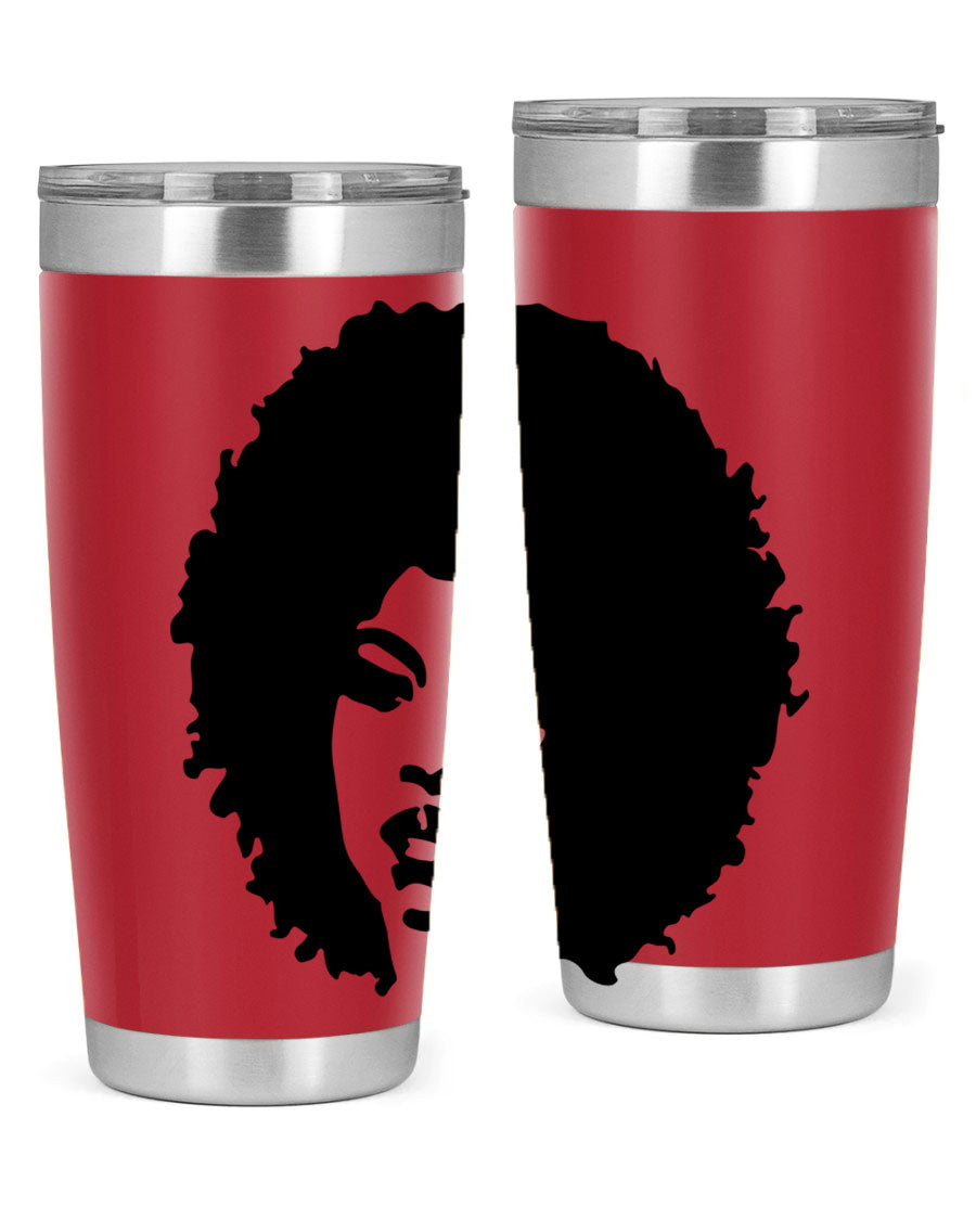 Black women queen tumbler showcasing a stylish design, available in 20oz and 30oz sizes, made of stainless steel with copper lining.