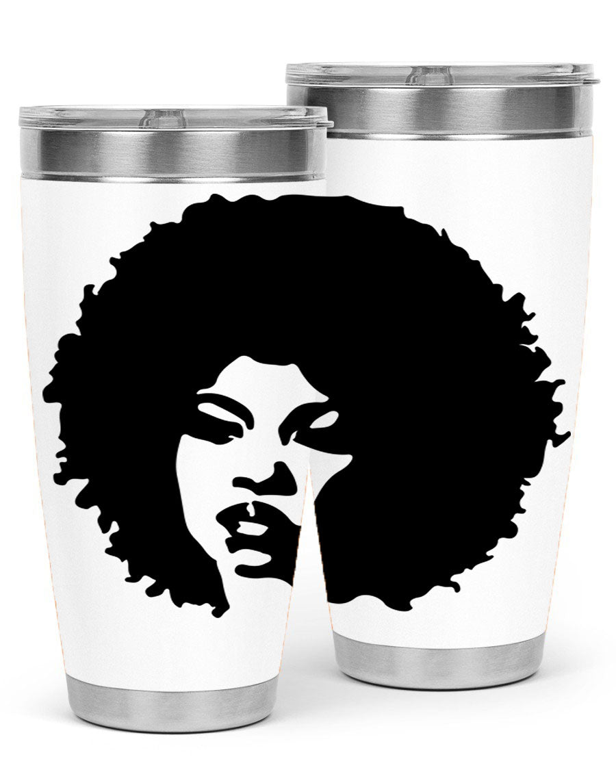 Black women queen tumbler showcasing a stylish design, available in 20oz and 30oz sizes, made of stainless steel with copper lining.