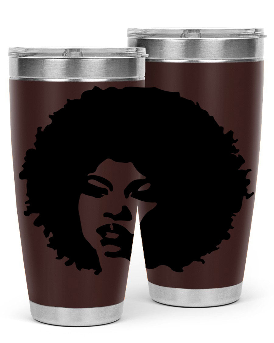 Black women queen tumbler showcasing a stylish design, available in 20oz and 30oz sizes, made of stainless steel with copper lining.