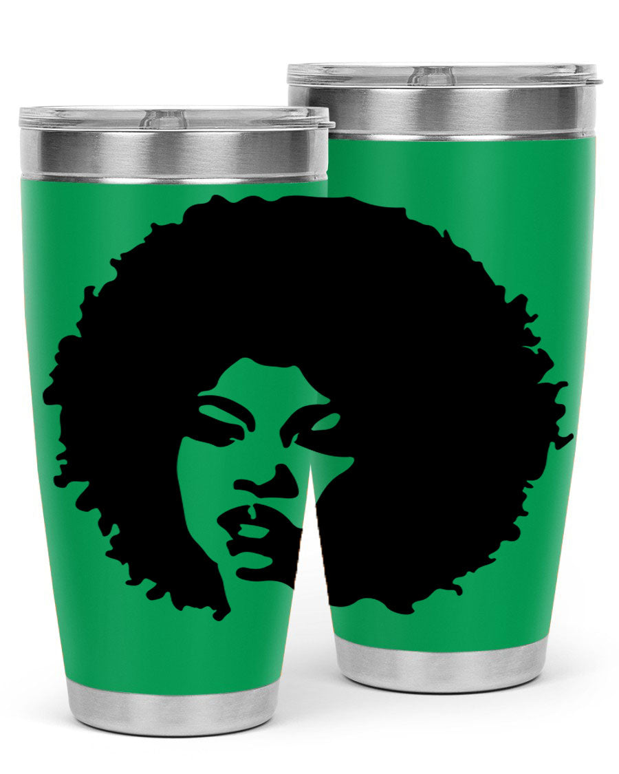 Black women queen tumbler showcasing a stylish design, available in 20oz and 30oz sizes, made of stainless steel with copper lining.