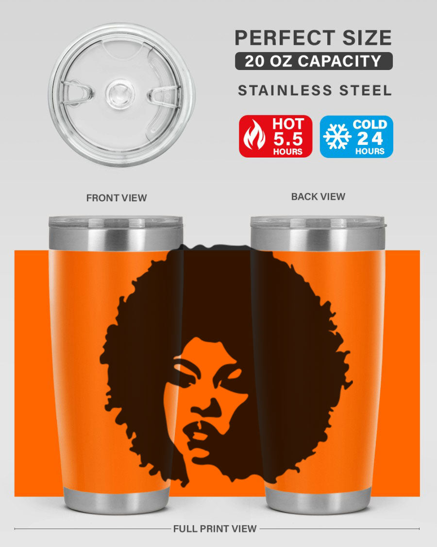Black women queen tumbler showcasing a stylish design, available in 20oz and 30oz sizes, made of stainless steel with copper lining.