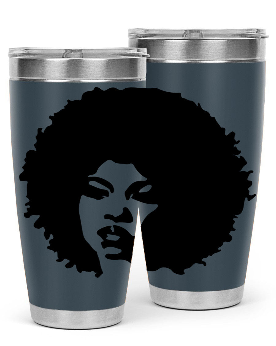 Black women queen tumbler showcasing a stylish design, available in 20oz and 30oz sizes, made of stainless steel with copper lining.