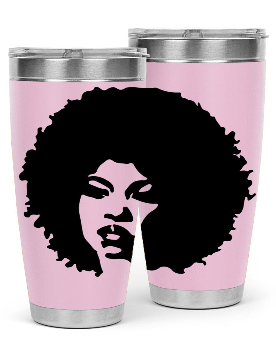 Black women queen tumbler showcasing a stylish design, available in 20oz and 30oz sizes, made of stainless steel with copper lining.
