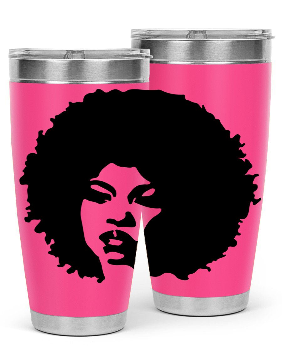 Black women queen tumbler showcasing a stylish design, available in 20oz and 30oz sizes, made of stainless steel with copper lining.