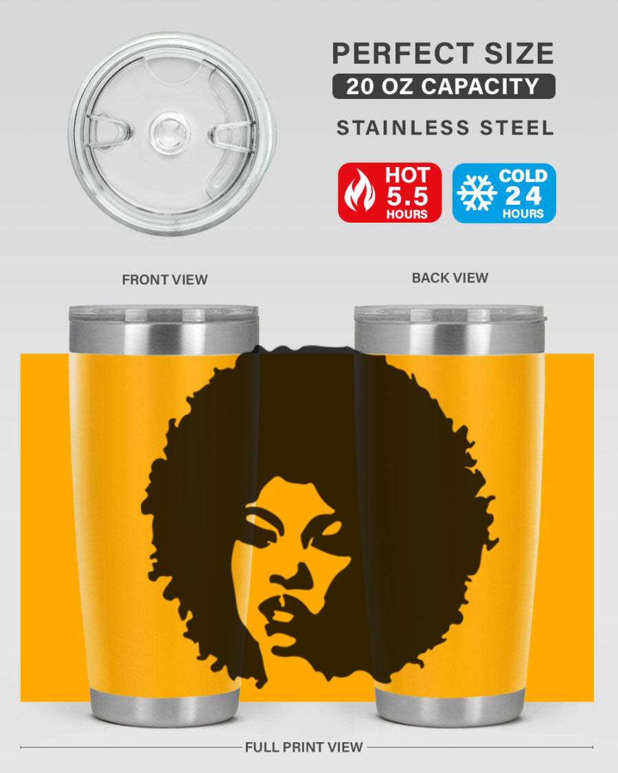 Black women queen tumbler showcasing a stylish design, available in 20oz and 30oz sizes, made of stainless steel with copper lining.