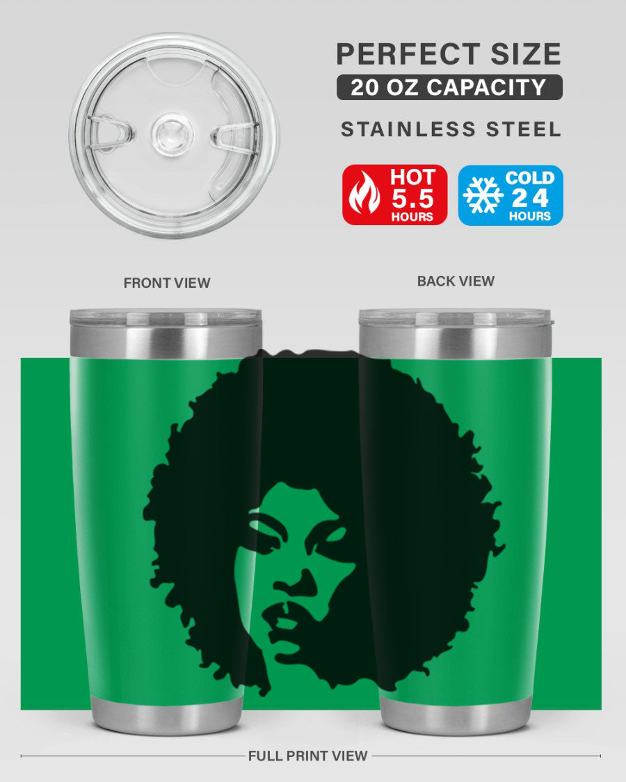 Black women queen tumbler showcasing a stylish design, available in 20oz and 30oz sizes, made of stainless steel with copper lining.