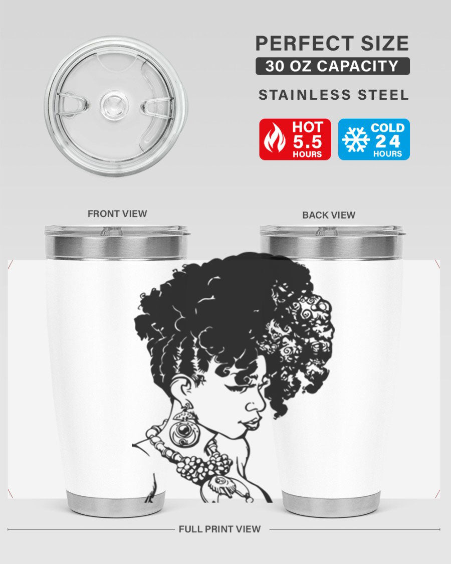 Black Women Queen Tumbler showcasing a stylish design with double wall vacuum insulation, perfect for hot and cold beverages.
