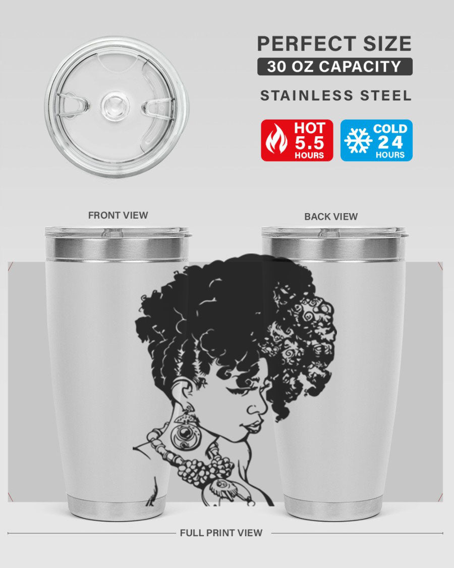 Black Women Queen Tumbler showcasing a stylish design with double wall vacuum insulation, perfect for hot and cold beverages.