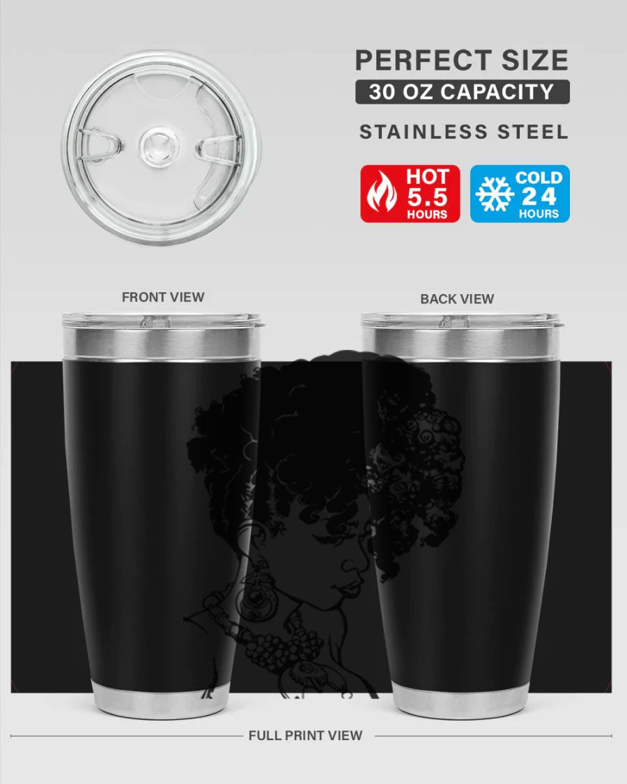 Black Women Queen Tumbler showcasing a stylish design with double wall vacuum insulation, perfect for hot and cold beverages.