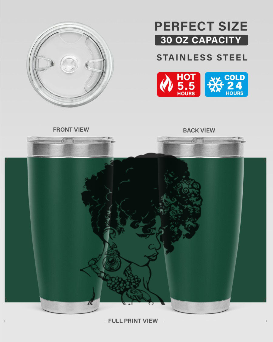 Black Women Queen Tumbler showcasing a stylish design with double wall vacuum insulation, perfect for hot and cold beverages.