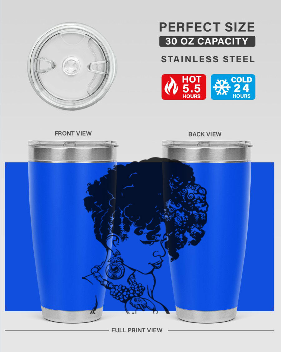 Black Women Queen Tumbler showcasing a stylish design with double wall vacuum insulation, perfect for hot and cold beverages.