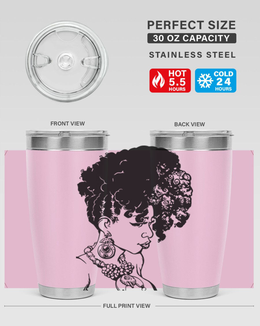 Black Women Queen Tumbler showcasing a stylish design with double wall vacuum insulation, perfect for hot and cold beverages.