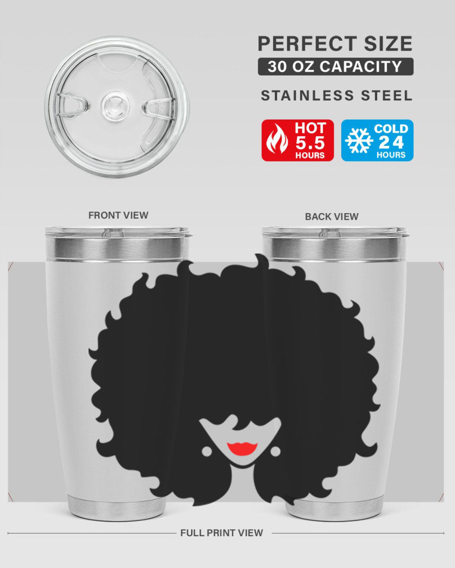 Black Women - Queen 82# Tumbler showcasing its sleek design and vibrant print, perfect for hot and cold beverages.