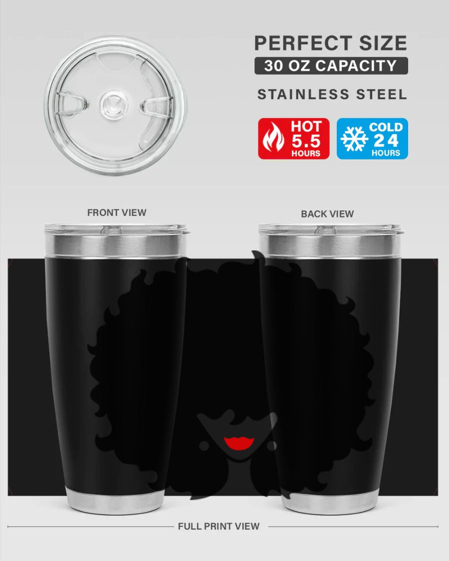 Black Women - Queen 82# Tumbler showcasing its sleek design and vibrant print, perfect for hot and cold beverages.