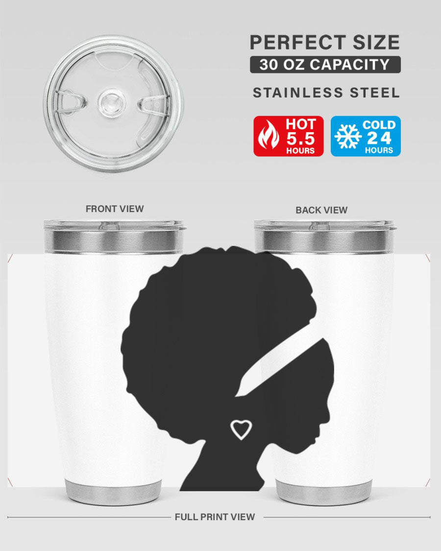 Black Women - Queen 85# Tumbler in 20oz and 30oz sizes, showcasing double wall vacuum stainless steel design with vibrant print.