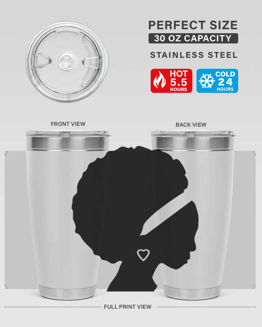 Black Women - Queen 85# Tumbler in 20oz and 30oz sizes, showcasing double wall vacuum stainless steel design with vibrant print.