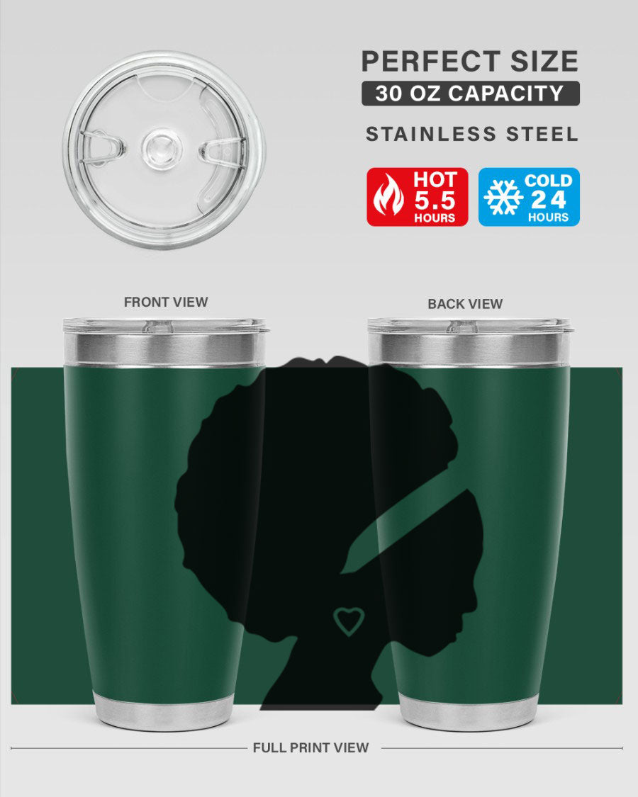 Black Women - Queen 85# Tumbler in 20oz and 30oz sizes, showcasing double wall vacuum stainless steel design with vibrant print.