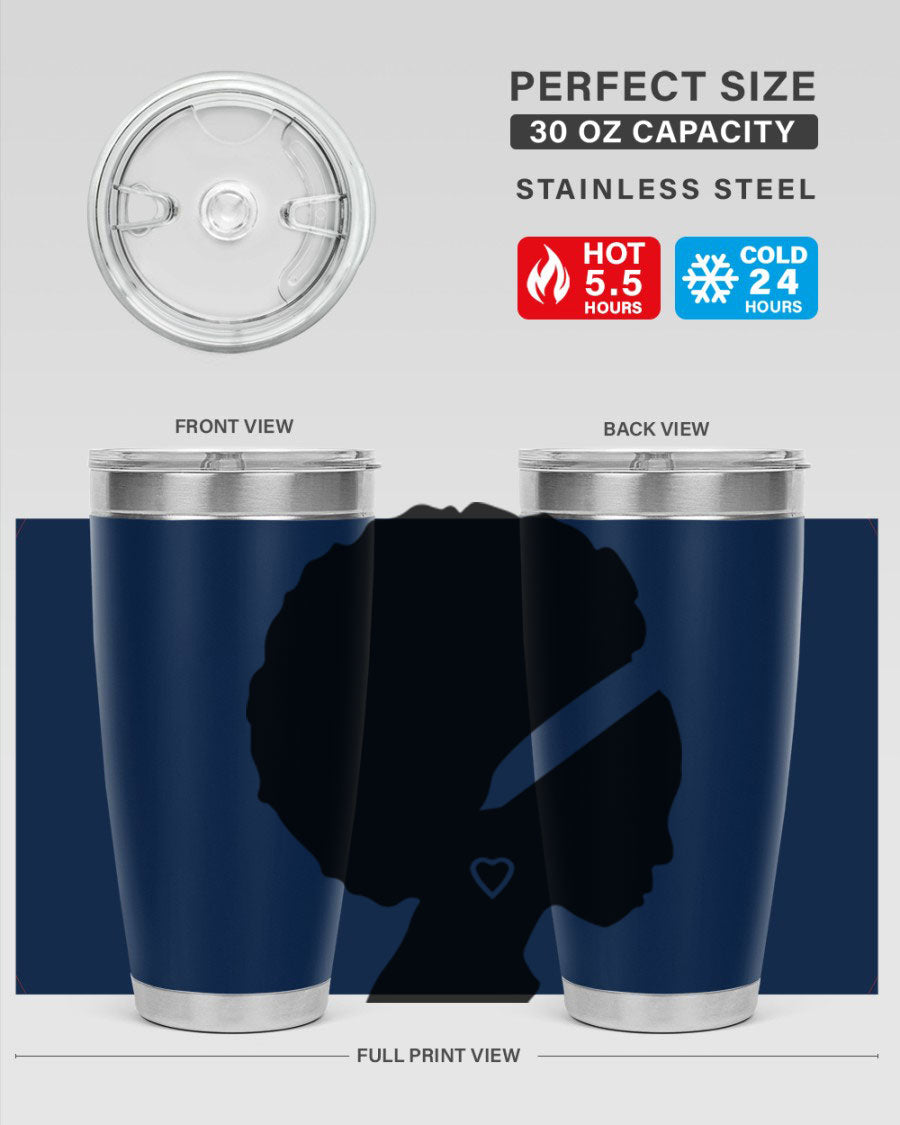 Black Women - Queen 85# Tumbler in 20oz and 30oz sizes, showcasing double wall vacuum stainless steel design with vibrant print.