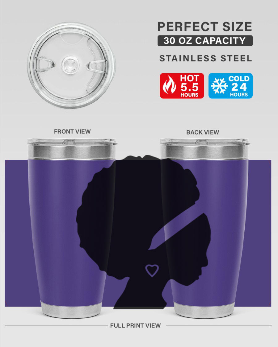 Black Women - Queen 85# Tumbler in 20oz and 30oz sizes, showcasing double wall vacuum stainless steel design with vibrant print.