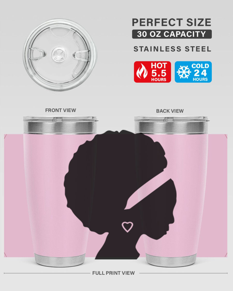 Black Women - Queen 85# Tumbler in 20oz and 30oz sizes, showcasing double wall vacuum stainless steel design with vibrant print.