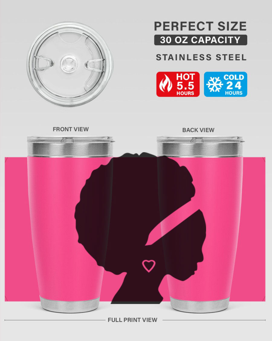 Black Women - Queen 85# Tumbler in 20oz and 30oz sizes, showcasing double wall vacuum stainless steel design with vibrant print.