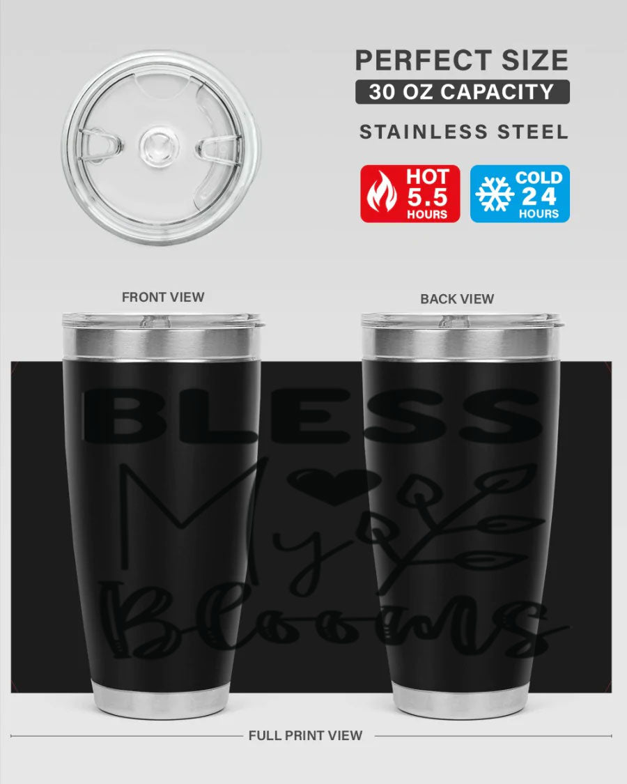 Bless My Blooms 20oz Tumbler featuring a floral design, double wall vacuum stainless steel construction, and a drink-thru lid.